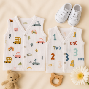 Pure Muslin Cotton Sleeveless Button Jabla for Newborn (0–3 Months)