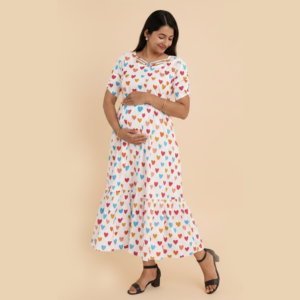 Cotton Cambric Heart Printed 2-Tier Feeding Maxi Dress