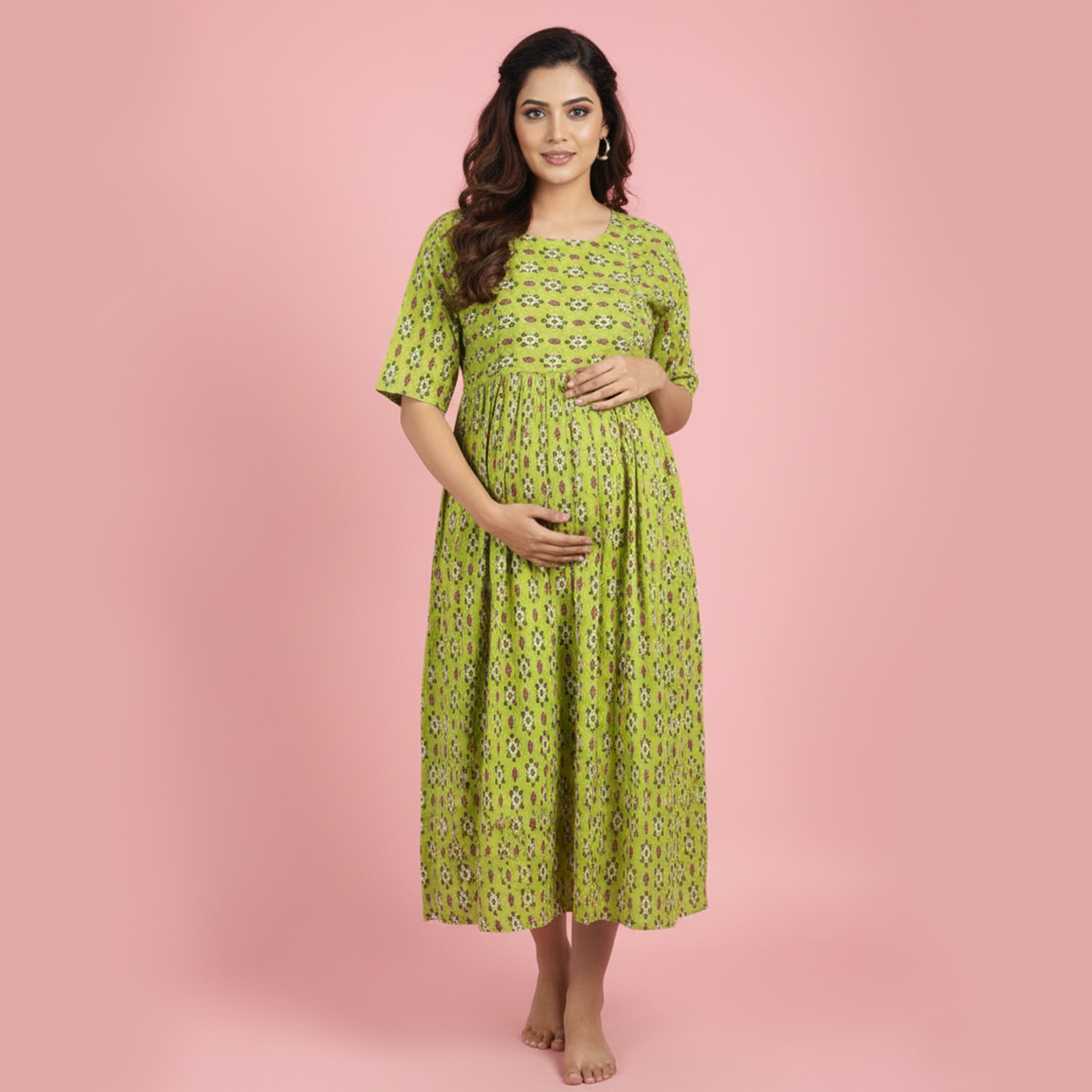 Green Slub Fabric Premium Feeding Gown