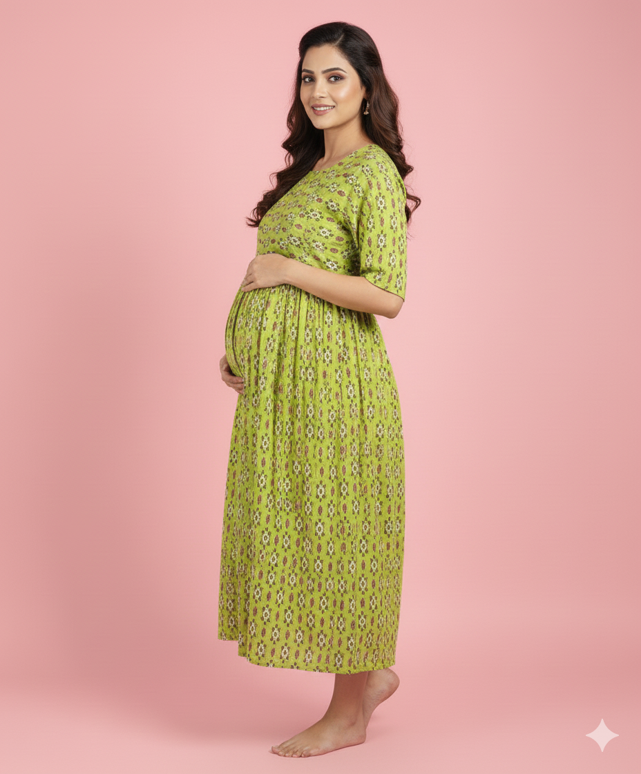 Green Slub Fabric Premium Feeding Gown - Image 3