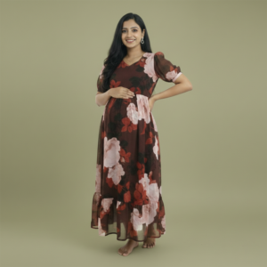 Georgette 2-Tier Feeding Kurti with Puff Sleeves – Maroon Floral