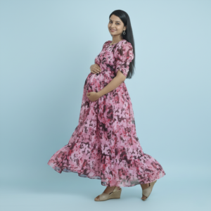 Georgette 2-Tier Feeding Kurti with Puff Sleeves – Pink Floral