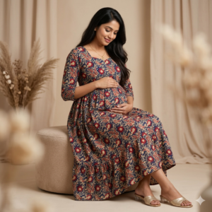 Kalamkari Print 2-Tier Feeding Dress with 3/4 Sleeves & Back Tie