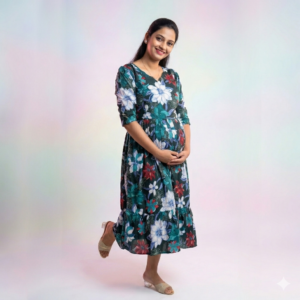 Green Wrinkle Crepe 2-Tier Feeding Kurti with Back Knot