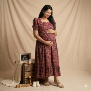 Wine Kalamkari Cotton Feeding Kurti with Side Pocket