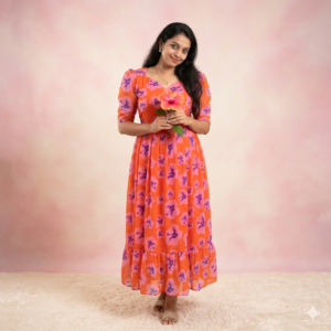 Orange Hibiscus Chiffon Georgette Feeding Kurti with Side Pocket
