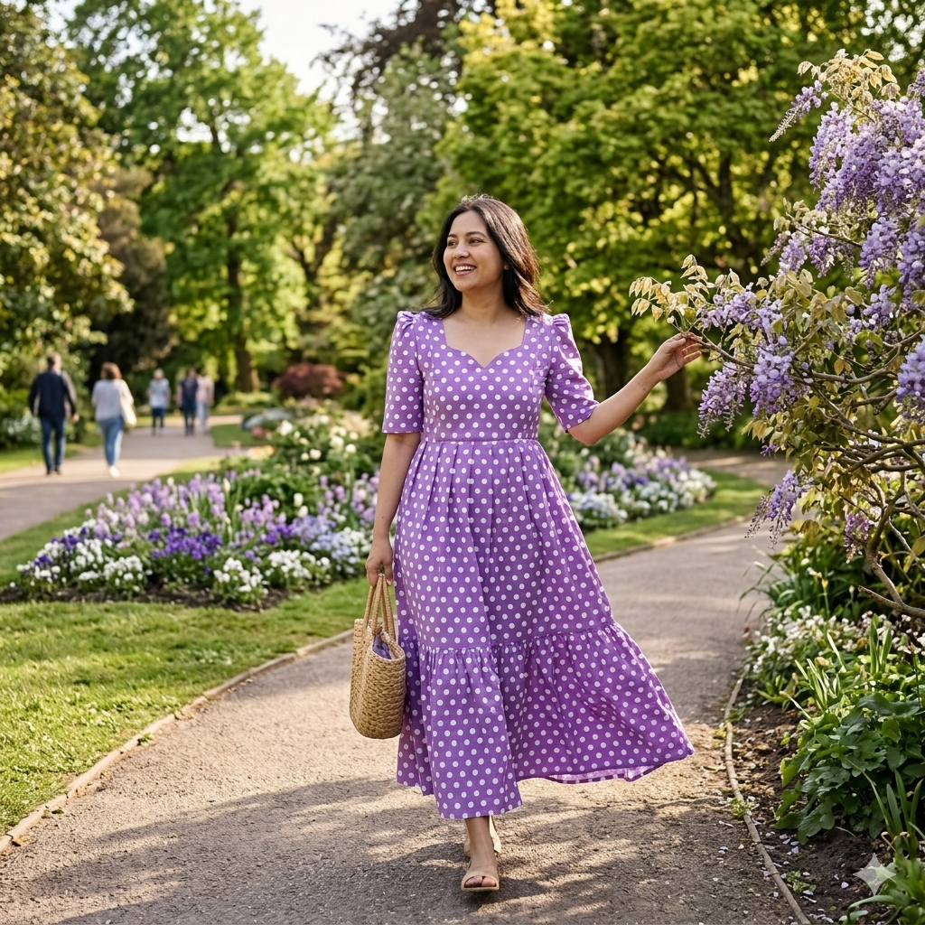 Lavender & Yellow Polka Cotton 2-Tier Feeding Kurti with Back Knot - Image 5