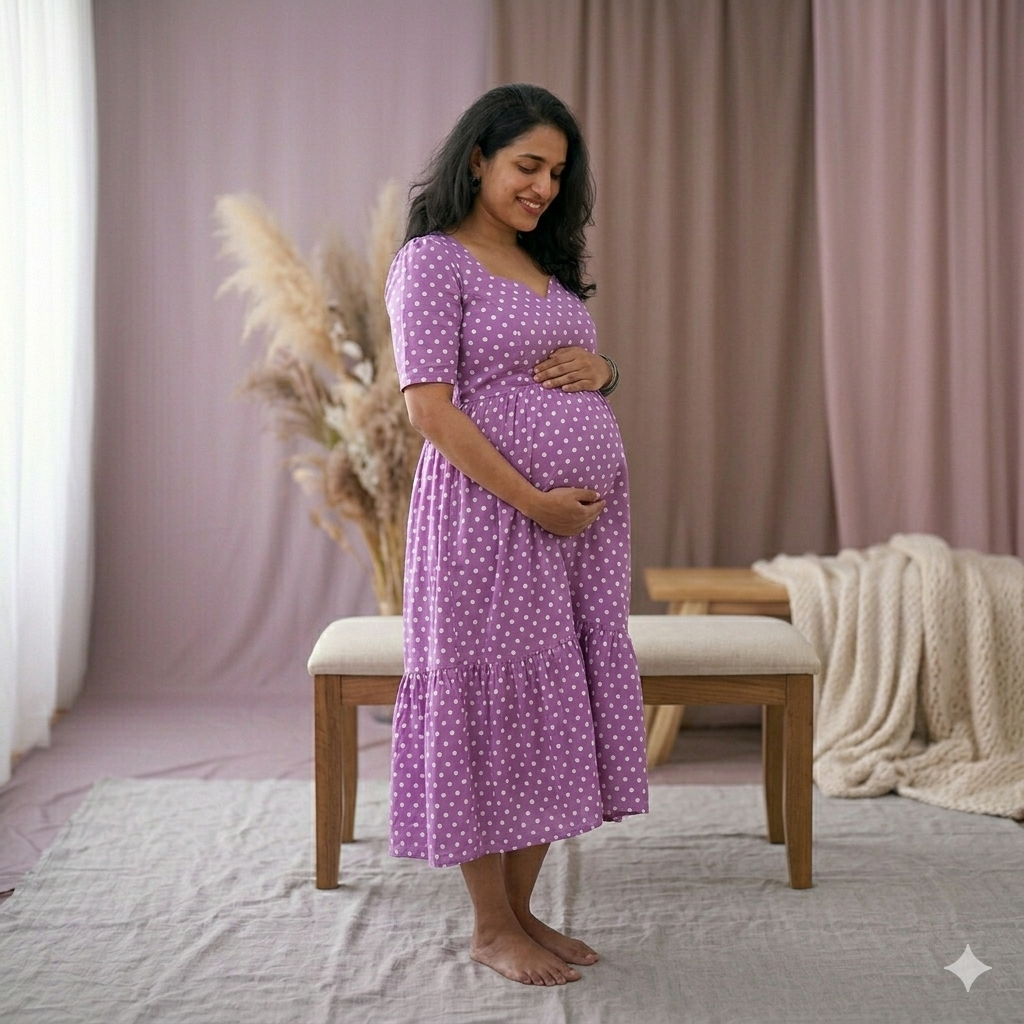 Lavender & Yellow Polka Cotton 2-Tier Feeding Kurti with Back Knot - Image 3