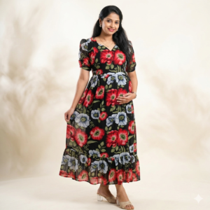 Black Red Floral Georgette Feeding Kurti with Back Knot & Side Pocket
