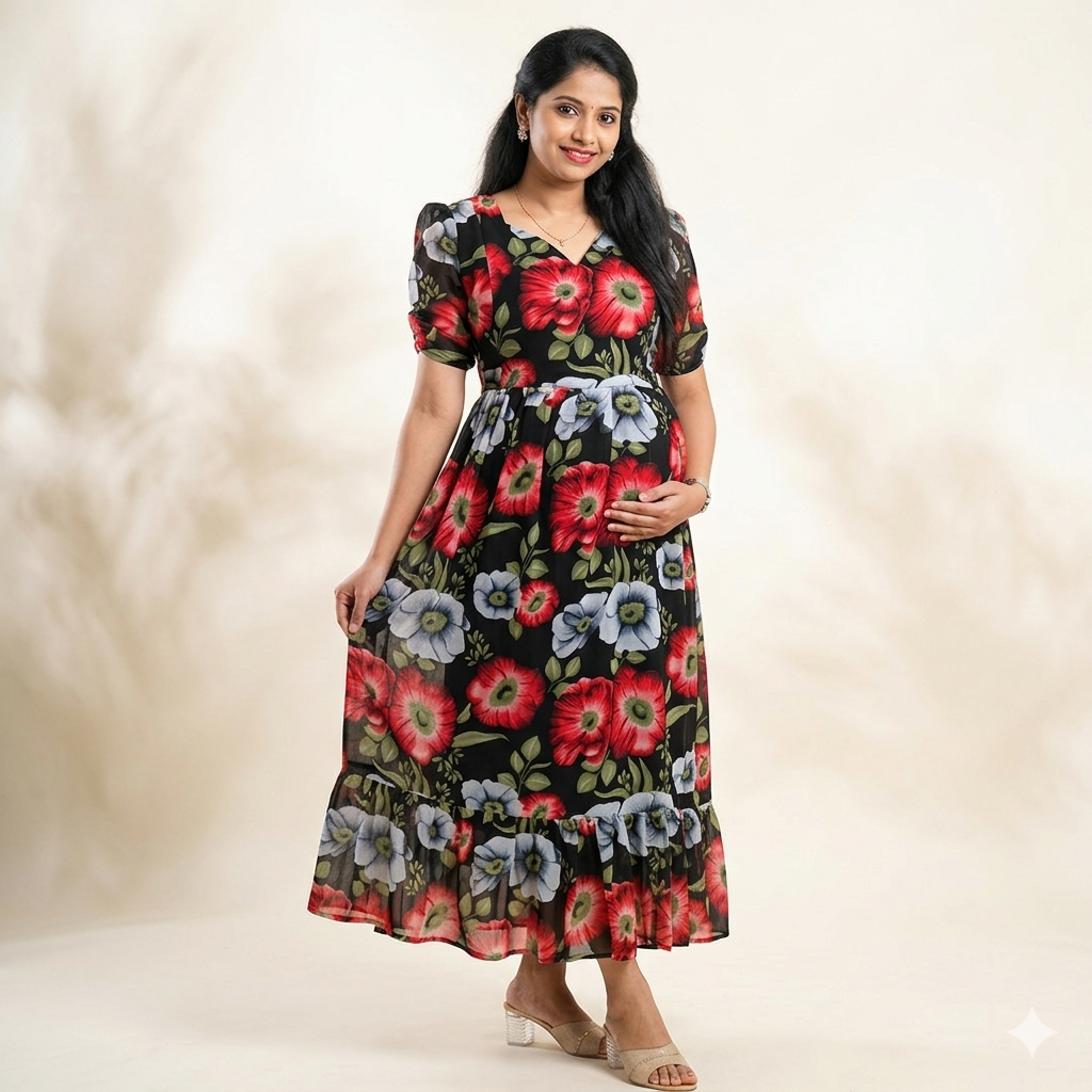 Black Red Floral Georgette Feeding Kurti with Back Knot & Side Pocket