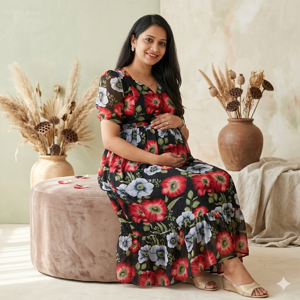 Black Red Floral Georgette Feeding Kurti with Back Knot & Side Pocket - Image 2