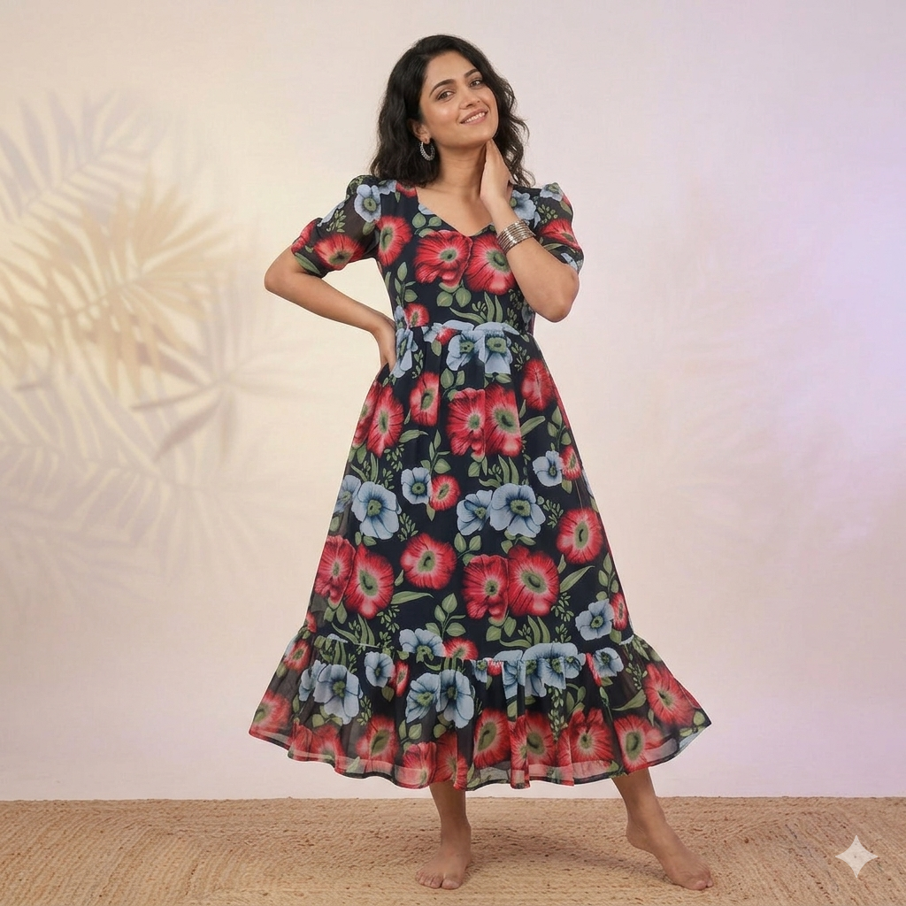 Black Red Floral Georgette Feeding Kurti with Back Knot & Side Pocket - Image 5