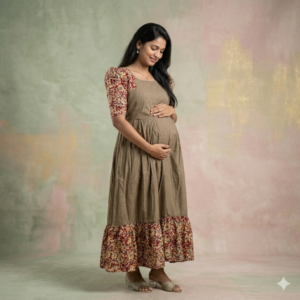 Biscuit Kalamkari Cotton Feeding Kurti with Back Knot & Side Pocket