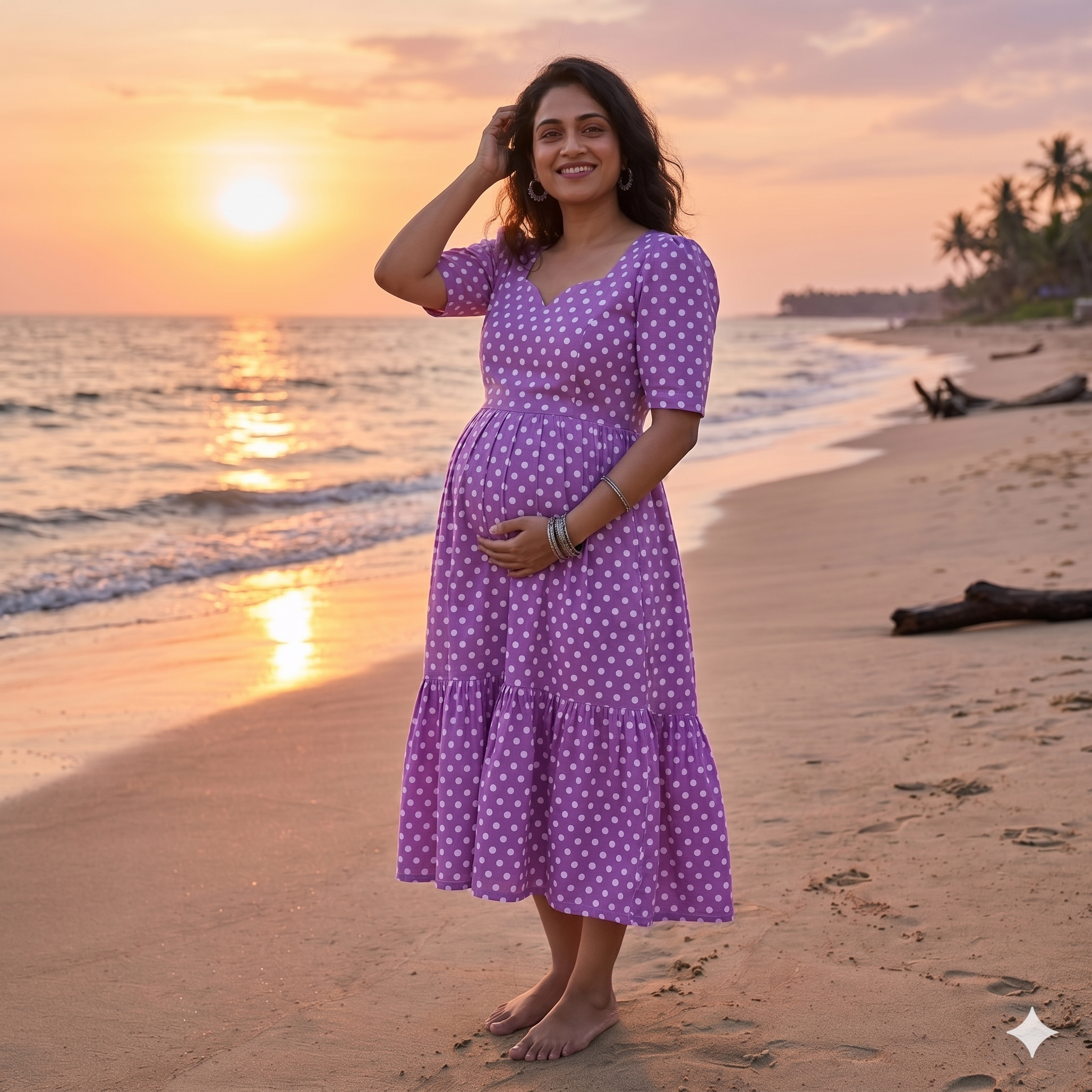 Lavender & Yellow Polka Cotton 2-Tier Feeding Kurti with Back Knot - Image 2