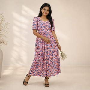 Peach Blue Leaf Digital Cotton Feeding Kurti with Back Knot