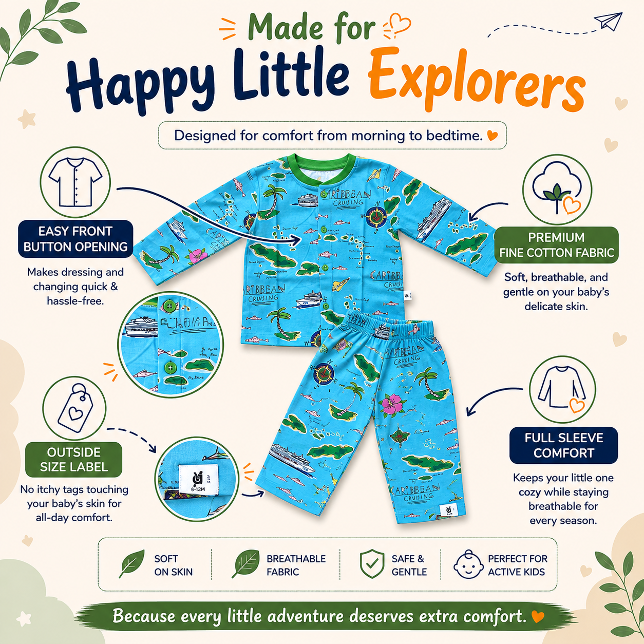 Fine Cotton Full Sleeve Button Open T-Shirt & Pant Co-Ord Set for Kids - Image 12