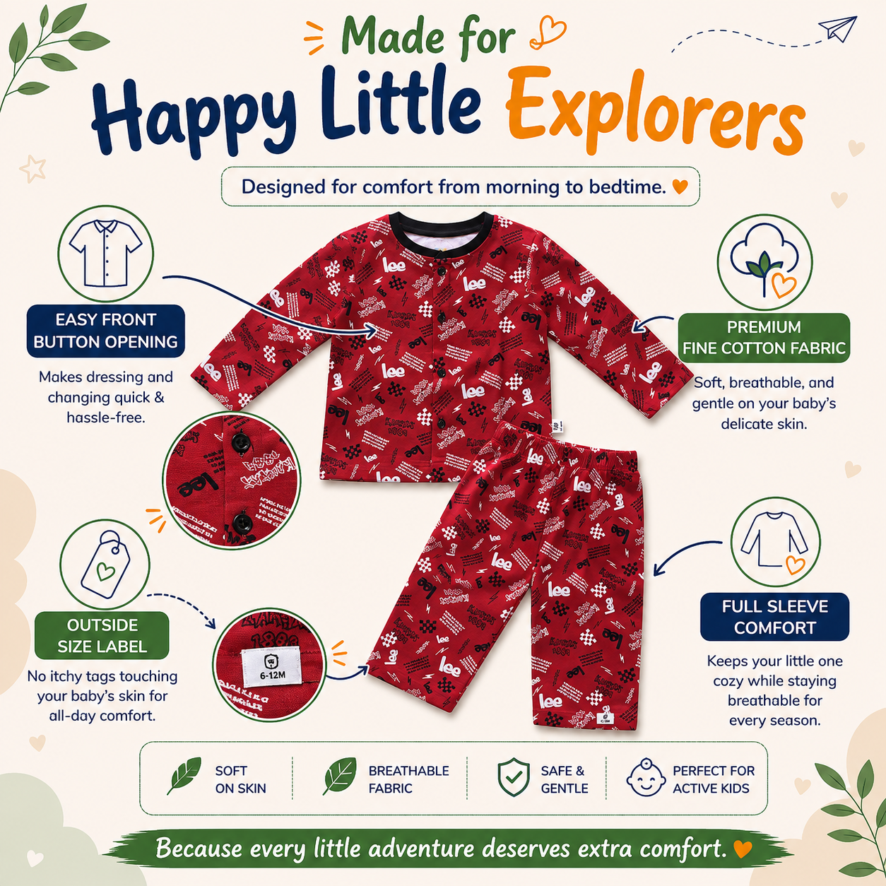 Fine Cotton Full Sleeve Button Open T-Shirt & Pant Co-Ord Set for Kids - Image 9
