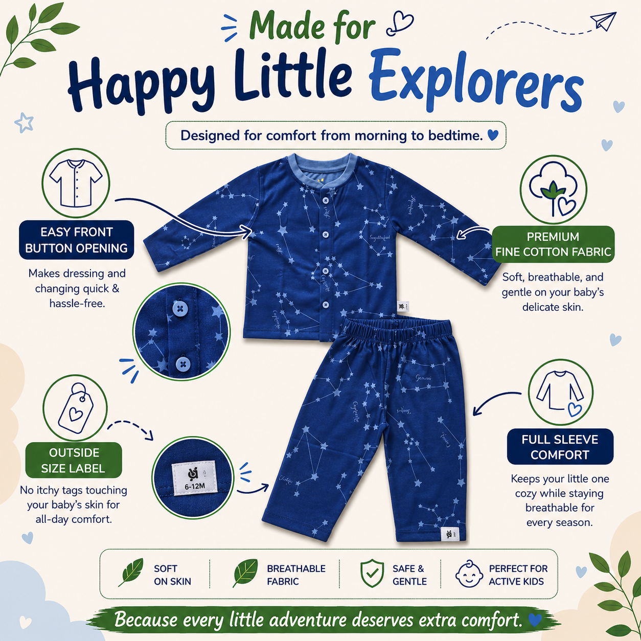 Fine Cotton Full Sleeve Button Open T-Shirt & Pant Co-Ord Set for Kids - Image 2