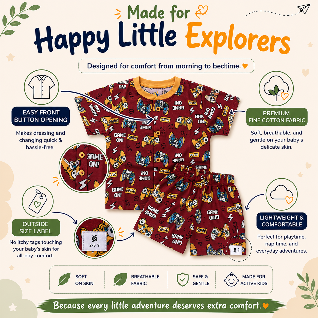 Fine Cotton Button Open Half Sleeve T-Shirt & Shorts Co-Ord Set for Kids - Image 13