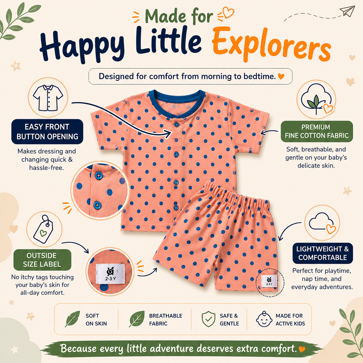 Fine Cotton Button Open Half Sleeve T-Shirt & Shorts Co-Ord Set for Kids - Image 19