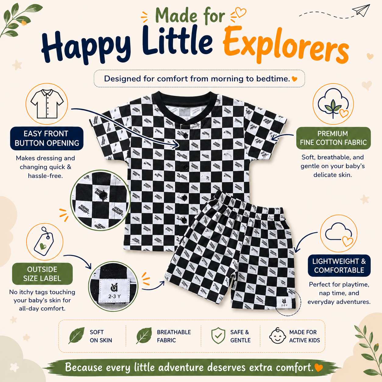 Fine Cotton Button Open Half Sleeve T-Shirt & Shorts Co-Ord Set for Kids - Image 4