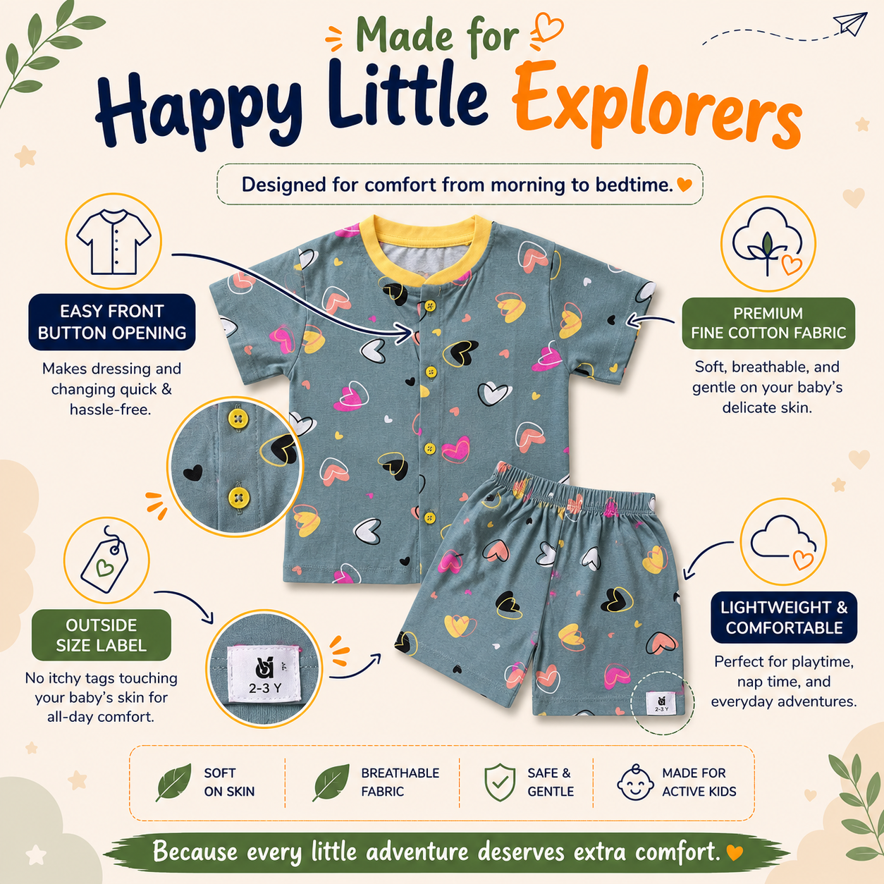 Fine Cotton Button Open Half Sleeve T-Shirt & Shorts Co-Ord Set for Kids - Image 16