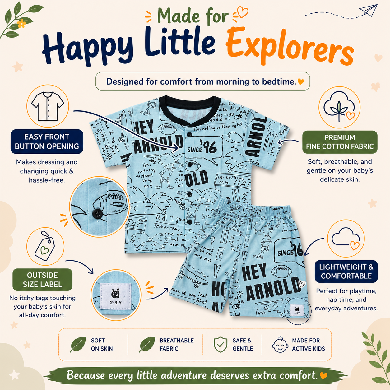 Fine Cotton Button Open Half Sleeve T-Shirt & Shorts Co-Ord Set for Kids - Image 10