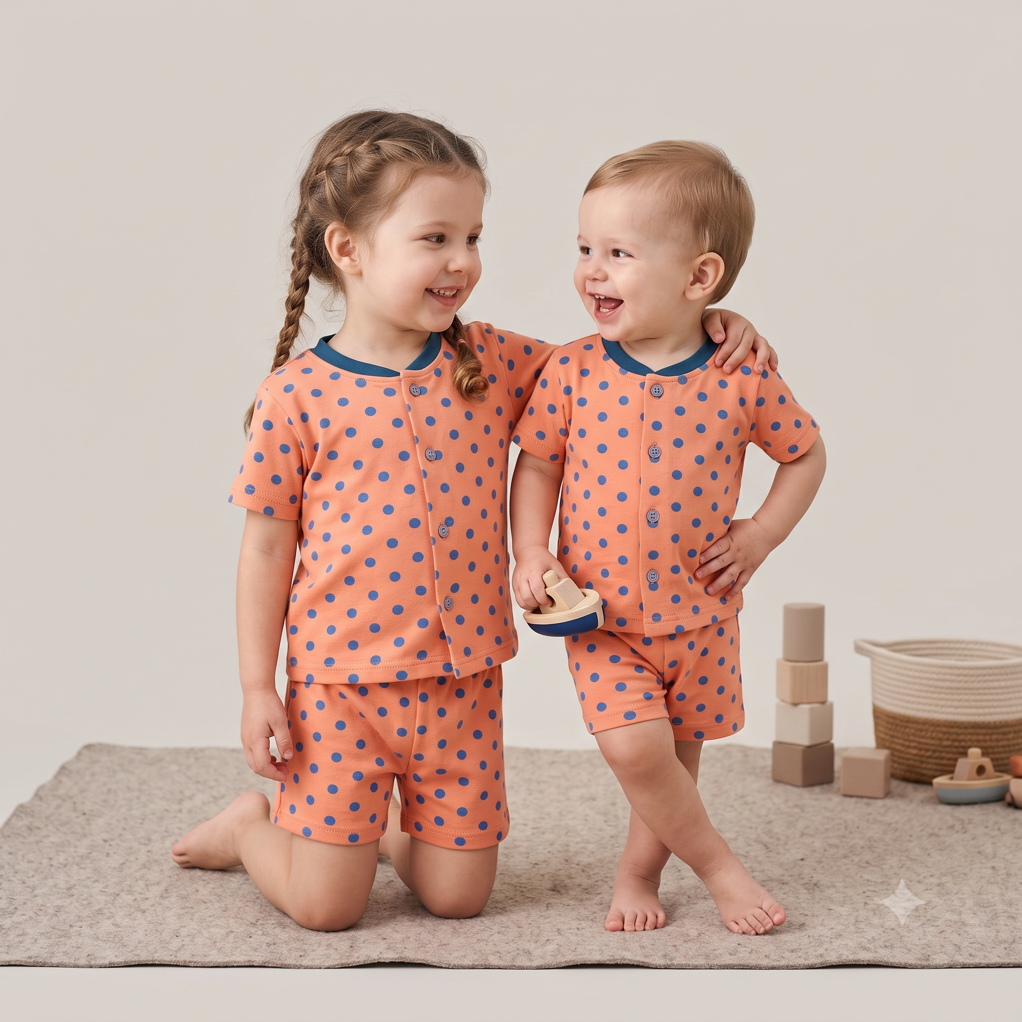 Fine Cotton Button Open Half Sleeve T-Shirt & Shorts Co-Ord Set for Kids - Image 17